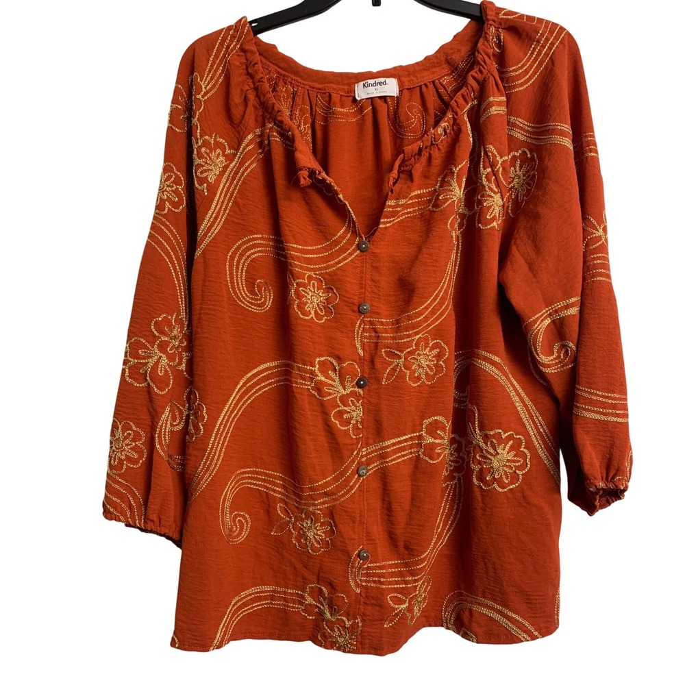 Kindred Anthropologie‎ Orange Gold Floral Embroidered Boho Peasant Blouse Top XL